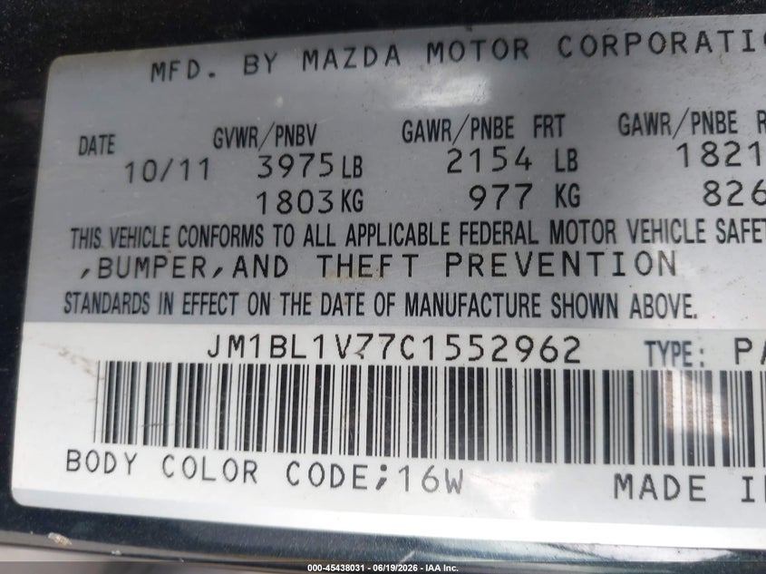 2012 Mazda 3 VIN JM1BL1V77C1552962 IAAI salvage auction — NORMAL WEAR, Clear - Dealer Only (California), sold $475 on 2026-07-20 (photo 9)