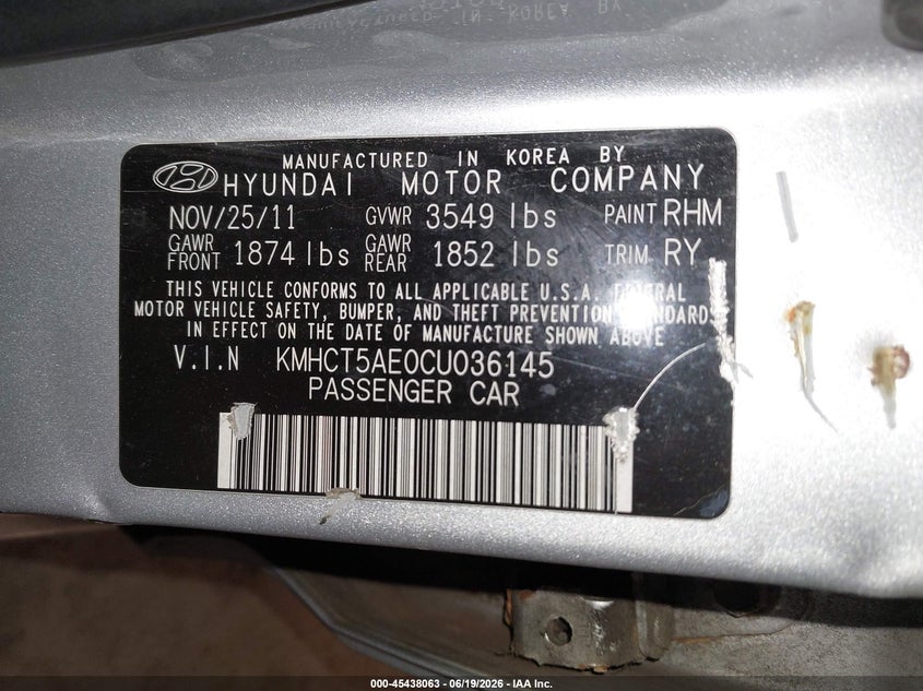 2012 Hyundai Accent VIN KMHCT5AE0CU036145 IAAI salvage auction — FRONT END, Mv-907A (New York), sold $450 on 2026-07-14 (photo 9)