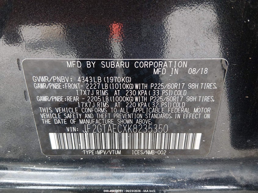 2019 Subaru Xv VIN JF2GTAECXK8235350 IAAI salvage auction — FRONT END, Salvage (Alabama), sold $400 on 2026-07-29 (photo 9)