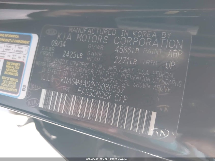 2015 Kia Optima VIN KNAGM4AD2F5080597 IAAI salvage auction — REAR END, Salvage Certificate (California), sold $500 on 2026-07-08 (photo 9)