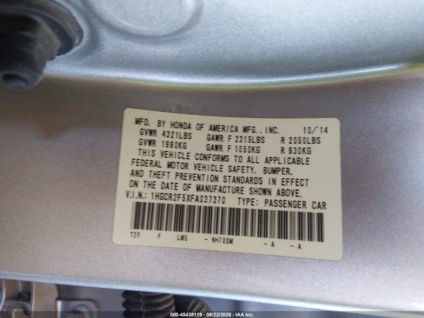 2015 Honda Accord VIN 1HGCR2F5XFA037370 IAAI salvage auction — FRONT END, Wait Title, sold $2,850 on 2026-08-02 (photo 9)