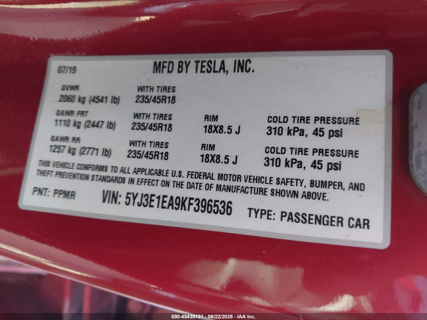 2019 Tesla Model 3 VIN 5YJ3E1EA9KF396536 IAAI salvage auction — SIDE, Salvage (California), sold $6,950 on 2026-07-16 (photo 9)