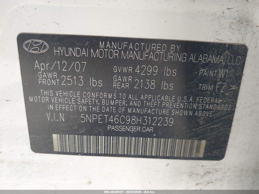 2008 Hyundai Sonata VIN 5NPET46C98H312239 IAAI salvage auction — LEFT FRONT, Original (Texas), sold $950 on 2026-07-14 (photo 9)