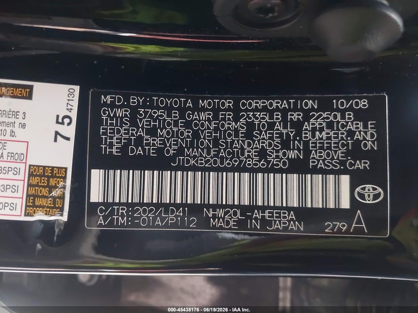 2009 Toyota Prius VIN JTDKB20U697856750 IAAI salvage auction — FRONT END, Salvage (California), sold $1,750 on 2026-07-15 (photo 9)
