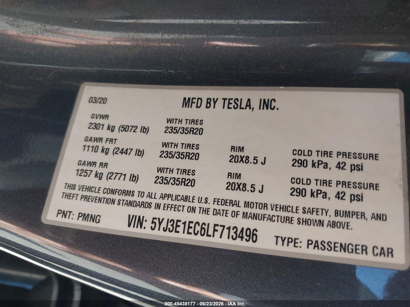 2020 Tesla Model 3 VIN 5YJ3E1EC6LF713496 IAAI salvage auction — REAR END, Salvage (Ohio), sold $5,300 on 2026-07-24 (photo 9)
