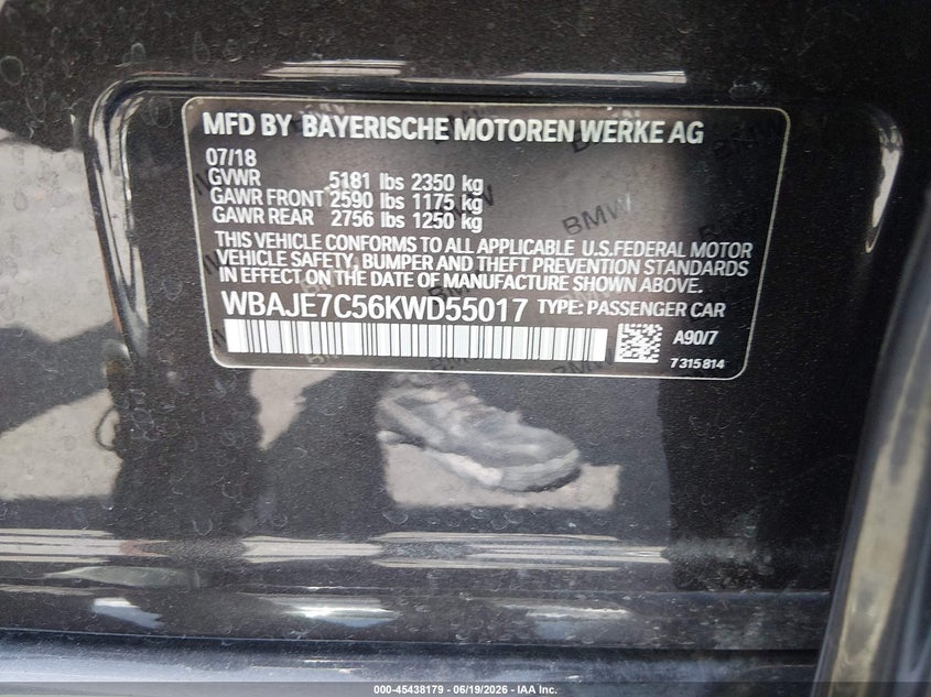 2019 BMW 5er VIN WBAJE7C56KWD55017 IAAI salvage auction — FRONT END, Salvage (Illinois), sold $8,800 on 2026-07-28 (photo 9)