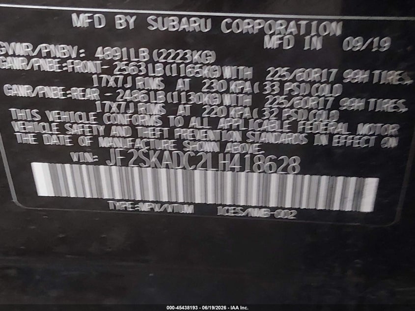 2020 Subaru Forester VIN JF2SKADC2LH418628 IAAI salvage auction — FRONT END, Salvage Title, sold $2,950 on 2026-07-24 (photo 9)