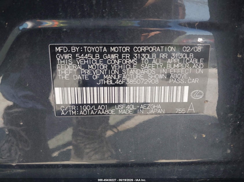 2008 Lexus Ls 460 VIN JTHBL46F385072908 IAAI salvage auction — FRONT & REAR, Salvage (Iowa), sold $75 on 2026-07-21 (photo 9)