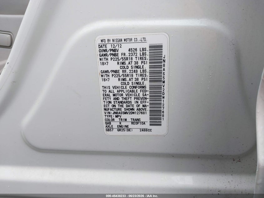 2013 Nissan Rogue VIN JN8AS5MV2DW127681 IAAI salvage auction — REAR END, Salvage (Pennsylvania), sold $425 on 2026-07-18 (photo 9)