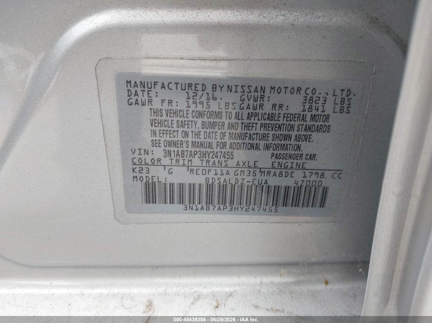 2017 Nissan Sentra VIN 3N1AB7AP3HY247455 IAAI salvage auction — FRONT END, Salvage (California), sold $925 on 2026-07-09 (photo 9)