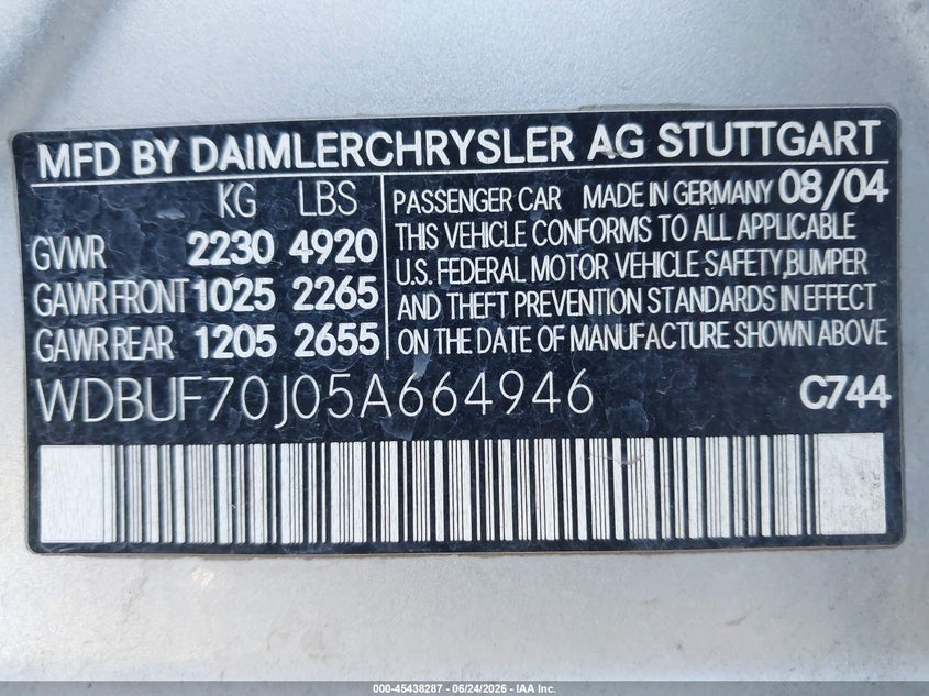2005 Mercedes-benz E-klasse VIN WDBUF70J05A664946 IAAI salvage auction — NORMAL WEAR, Clear-Dealer Only (Idaho), sold $375 on 2026-07-21 (photo 9)