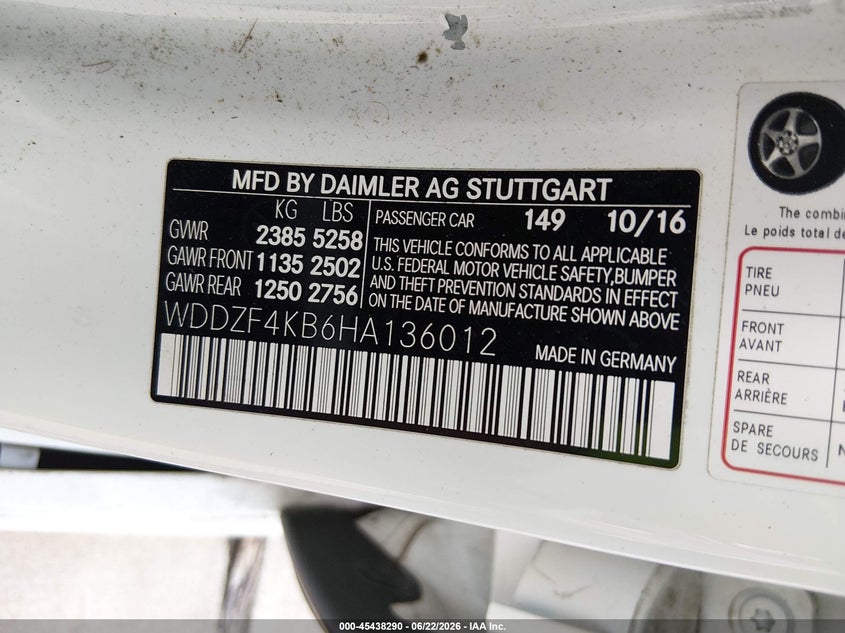 2017 Mercedes-benz E-klasse VIN WDDZF4KB6HA136012 IAAI salvage auction — FRONT END, Original (Texas), sold $4,350 on 2026-09-05 (photo 9)