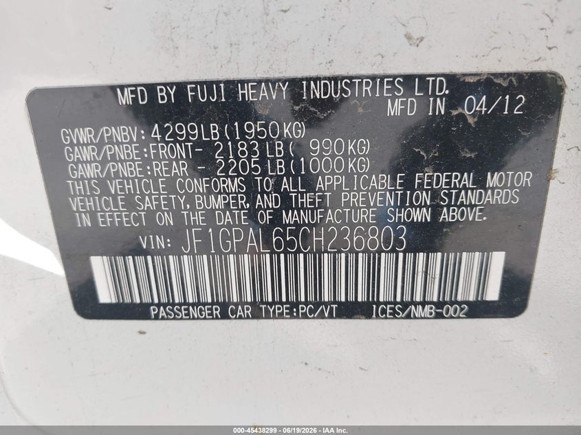 2012 Subaru Impreza VIN JF1GPAL65CH236803 IAAI salvage auction — NORMAL WEAR, Original (Maine), sold $450 on 2026-07-30 (photo 9)
