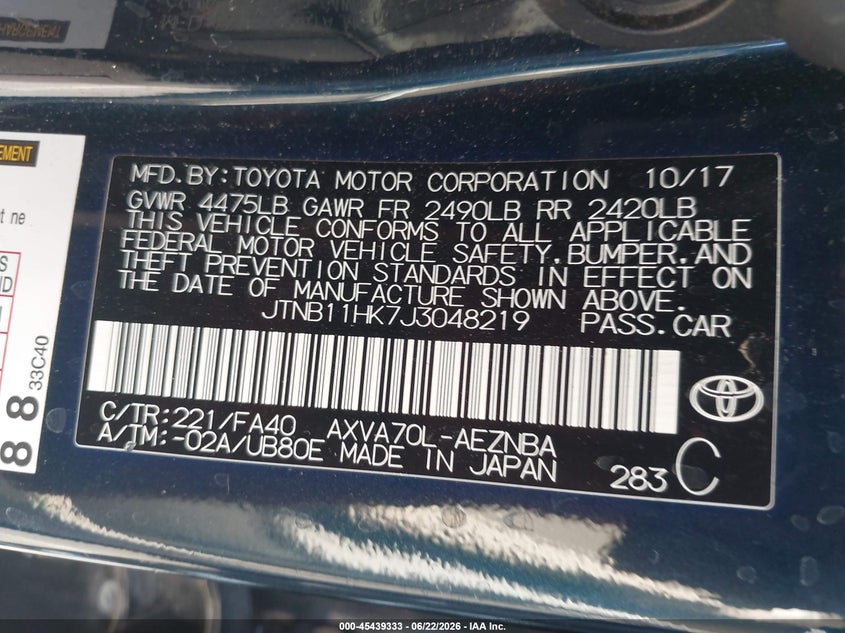 2018 Toyota Camry VIN JTNB11HK7J3048219 IAAI salvage auction — REAR END, Salvage (Arizona), sold $5,350 on 2026-07-07 (photo 9)
