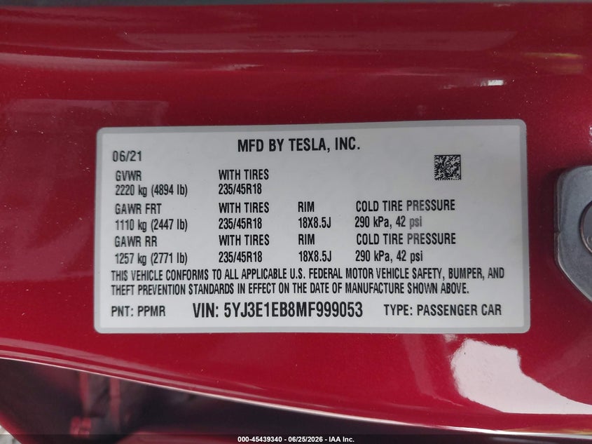 2021 Tesla Model 3 VIN 5YJ3E1EB8MF999053 IAAI salvage auction — FRONT END, Bill Of Sale (Washington), sold $5,500 on 2026-07-30 (photo 9)