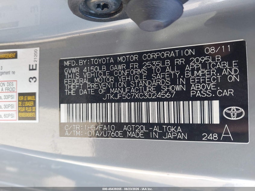 2012 Scion Tc VIN JTKJF5C7XC3024567 IAAI salvage auction — FRONT END, Wait Title, sold $1,000 on 2026-08-22 (photo 9)