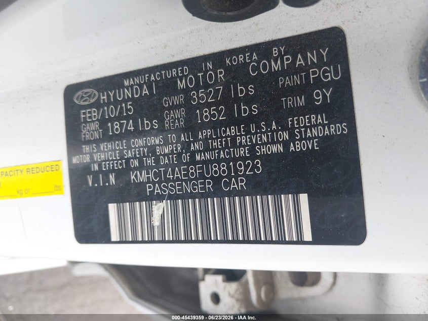 2015 Hyundai Accent VIN KMHCT4AE8FU881923 IAAI salvage auction — LEFT FRONT, Salvage Certificate (California), sold $1,050 on 2026-07-17 (photo 9)