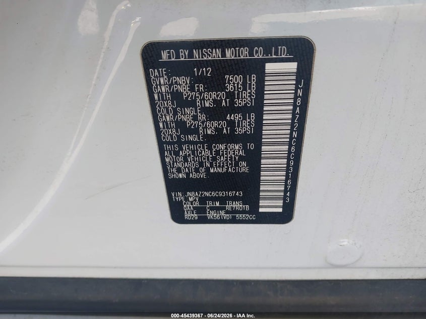2012 Infiniti Qx56 VIN JN8AZ2NC6C9316743 IAAI salvage auction — FRONT END, Salvage (North Carolina), sold $1,650 on 2026-07-16 (photo 9)