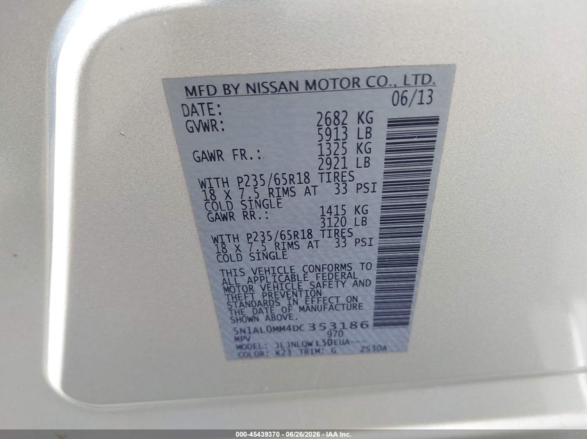 2013 Infiniti Jx VIN 5N1AL0MM4DC353186 IAAI salvage auction — RIGHT SIDE, Salvage Title, sold $2,725 on 2026-07-31 (photo 9)