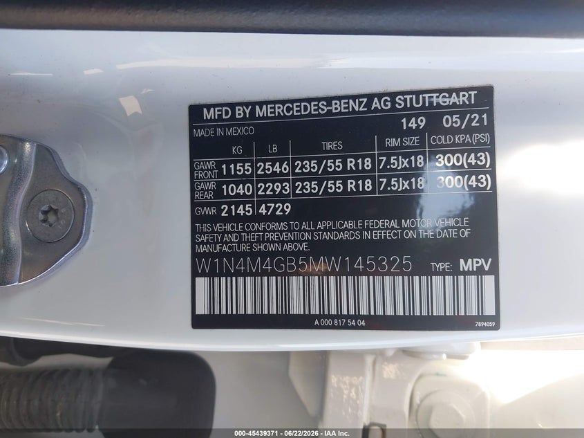 2021 Mercedes-benz VIN W1N4M4GB5MW145325 IAAI salvage auction — REAR END, Salvage (California), sold $9,600 on 2026-07-08 (photo 9)