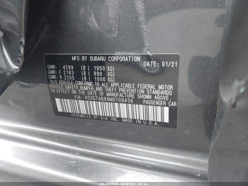 2021 Subaru Impreza VIN 4S3GTAB66M3709436 IAAI salvage auction — LEFT SIDE, Salvage Certificate (California), sold $1,525 on 2026-07-31 (photo 9)