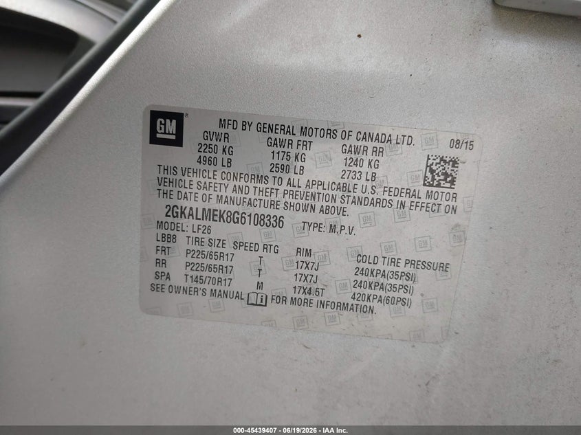 2016 Gmc Terrain VIN 2GKALMEK8G6108336 IAAI salvage auction — NORMAL WEAR, Clear (Indiana), sold $2,000 on 2026-07-09 (photo 9)
