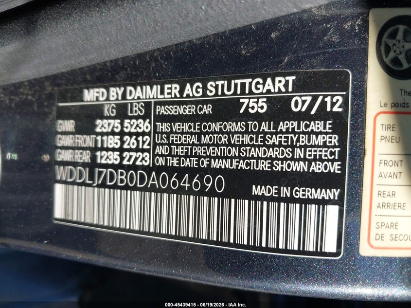 2013 Mercedes-benz Cls-class VIN WDDLJ7DB0DA064690 IAAI salvage auction — NORMAL WEAR, Rebuilt (Indiana), sold $2,075 on 2026-07-15 (photo 9)