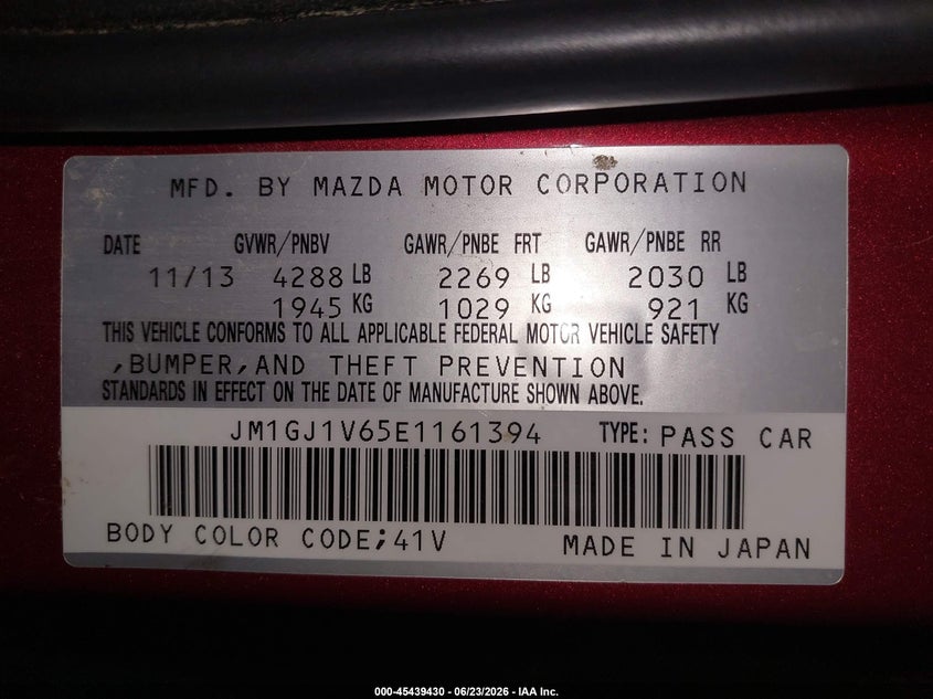2014 Mazda 6 VIN JM1GJ1V65E1161394 IAAI salvage auction — LEFT FRONT, Regular (South Dakota), sold $700 on 2026-07-31 (photo 9)