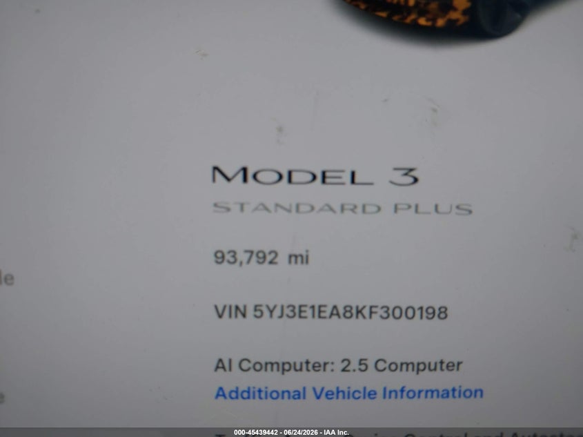 2019 Tesla Model 3 VIN 5YJ3E1EA8KF300198 IAAI salvage auction — REAR END, Bill Of Sale (Washington), sold $6,600 on 2026-07-11 (photo 7)