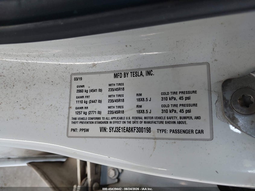 2019 Tesla Model 3 VIN 5YJ3E1EA8KF300198 IAAI salvage auction — REAR END, Bill Of Sale (Washington), sold $6,600 on 2026-07-11 (photo 9)