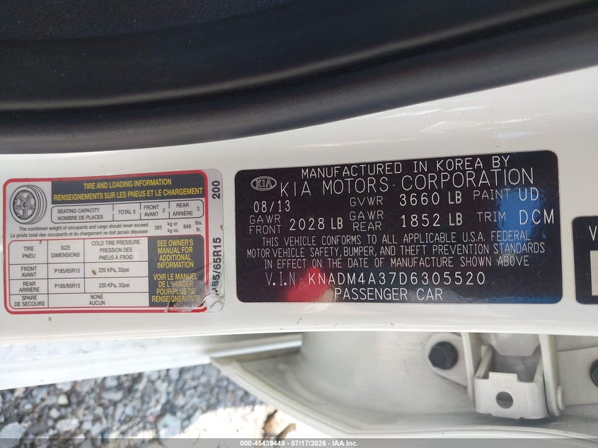 2013 Kia Rio VIN KNADM4A37D6305520 IAAI salvage auction — UNKNOWN, Salvage (Tennessee), sold $25 on 2026-07-30 (photo 9)