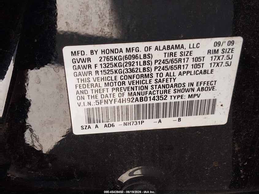 2010 Honda Pilot VIN 5FNYF4H92AB014352 IAAI salvage auction — REAR END, Bill Of Sale (Washington), sold $1,550 on 2026-07-11 (photo 9)