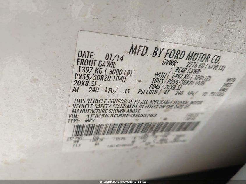 2014 Ford Explorer VIN 1FM5K8D88EGB53783 IAAI salvage auction — FRONT END, Salvage (Arizona), sold $1,900 on 2026-07-05 (photo 9)