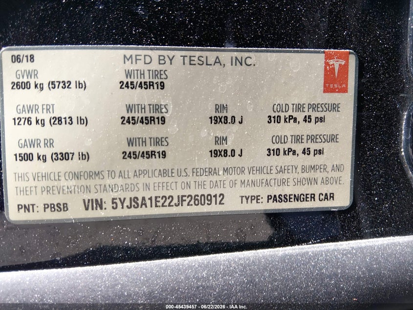 2018 Tesla Model s VIN 5YJSA1E22JF260912 IAAI salvage auction — Burn Interior, Salvage (California), sold $525 on 2026-07-29 (photo 8)