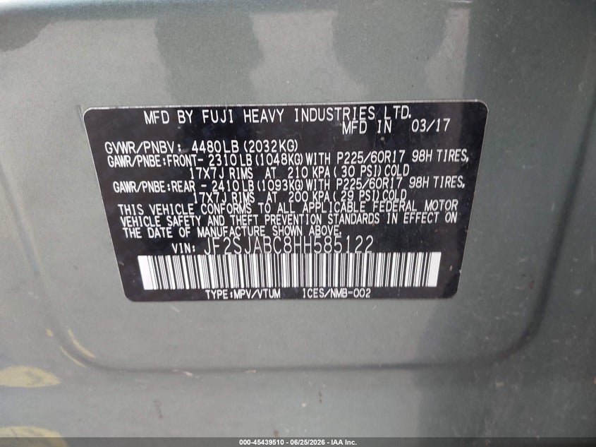 2017 Subaru Forester VIN JF2SJABC8HH585122 IAAI salvage auction — RIGHT FRONT, Bill Of Sale (Washington), sold $950 on 2026-07-15 (photo 9)