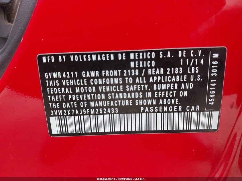 2015 Volkswagen Jetta VIN 3VW2K7AJ9FM252433 IAAI salvage auction — NORMAL WEAR, Clear (Connecticut), sold $675 on 2026-07-26 (photo 9)