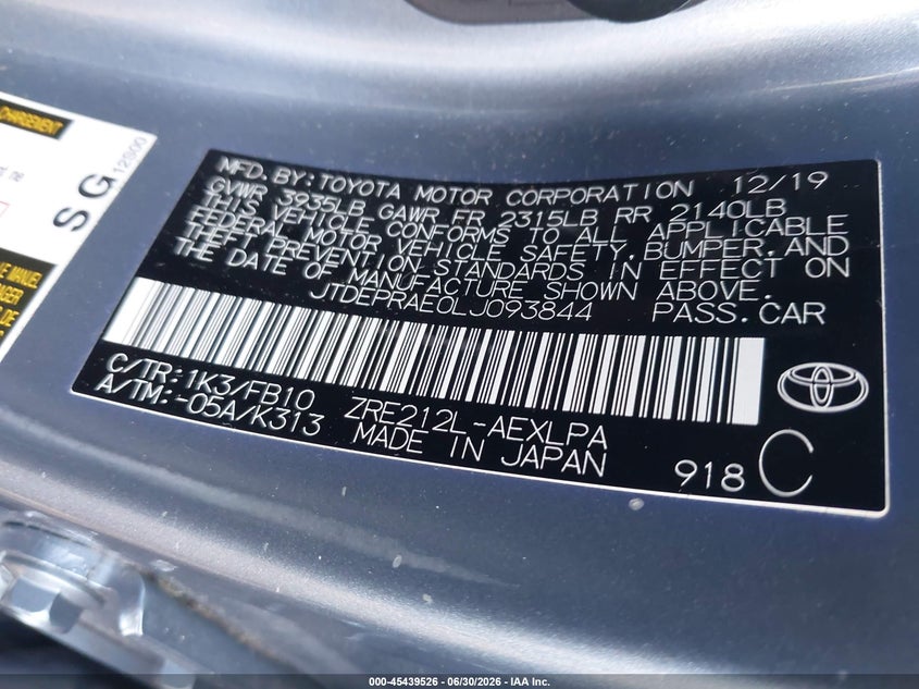 2020 Toyota Corolla VIN JTDEPRAE0LJ093844 IAAI salvage auction — FRONT END, Mv-907A (New York), sold $4,800 on 2026-07-14 (photo 9)