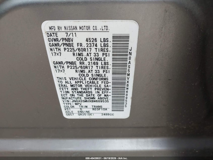 2011 Nissan Rogue VIN JN8AS5MVXBW689535 IAAI salvage auction — NORMAL WEAR, Clear (District Of Columbia), sold $650 on 2026-07-15 (photo 9)