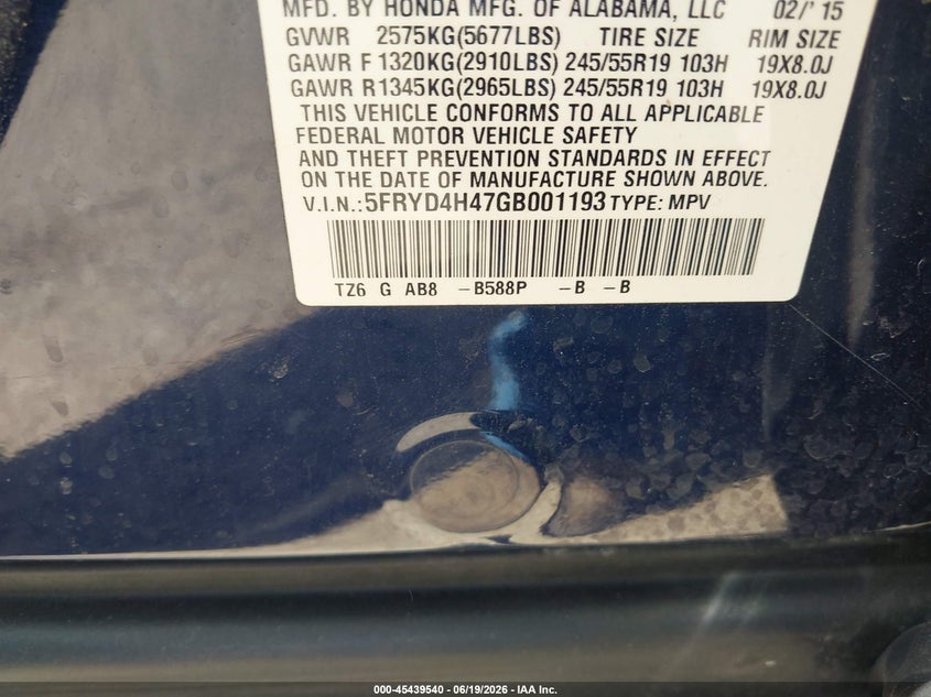 2016 Acura Mdx VIN 5FRYD4H47GB001193 IAAI salvage auction — NORMAL WEAR, Clear (Indiana), sold $2,575 on 2026-07-12 (photo 9)