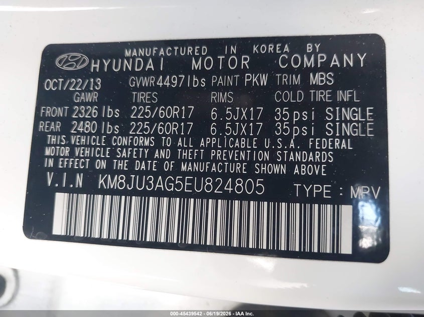 2014 Hyundai Tucson VIN KM8JU3AG5EU824805 IAAI salvage auction — RIGHT SIDE, Salvage (Arizona), sold $1,900 on 2026-07-07 (photo 9)