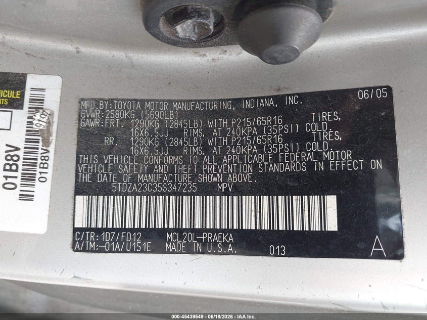 2005 Toyota Sienna VIN 5TDZA23C35S347235 IAAI salvage auction — SIDE, Clear (New Jersey), sold $625 on 2026-07-15 (photo 9)