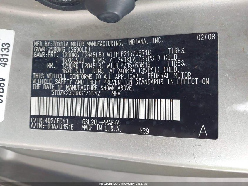 2008 Toyota Sienna VIN 5TDZK23C98S173642 IAAI salvage auction — NORMAL WEAR, Clear (New York), sold $725 on 2026-07-14 (photo 9)