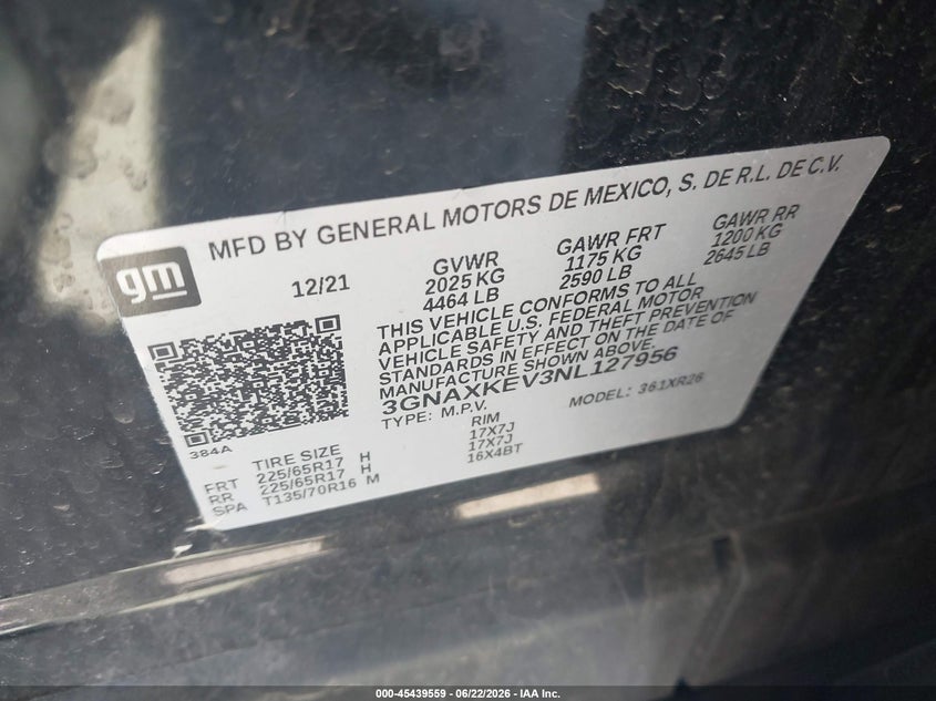 2022 Chevrolet Equinox VIN 3GNAXKEV3NL127956 IAAI salvage auction — REAR END, Clear Claim Paid (Wisconsin), sold $5,500 on 2026-07-24 (photo 9)