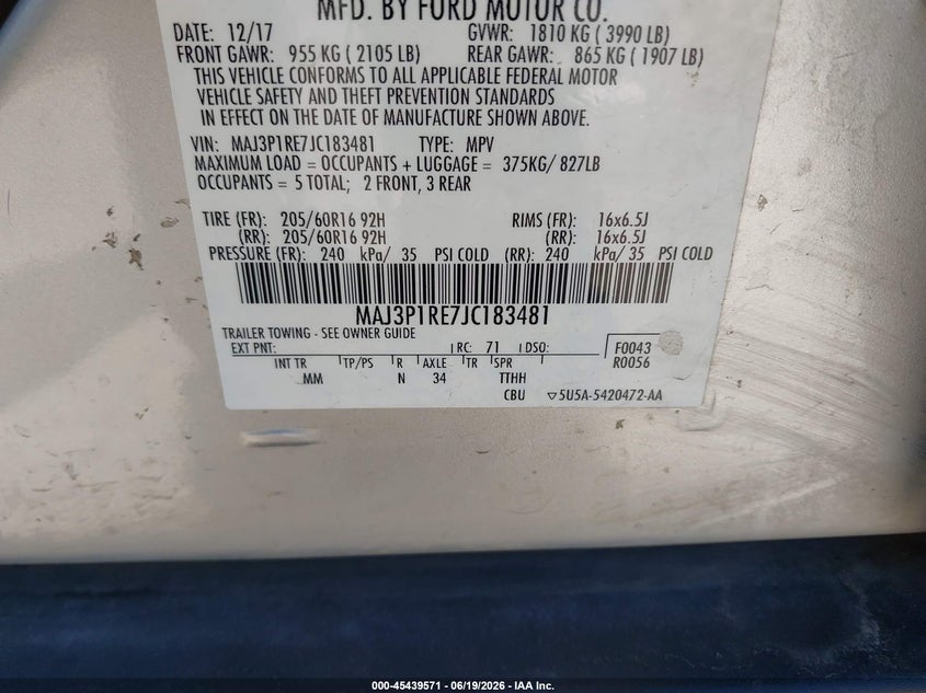 2018 Ford Ecosport VIN MAJ3P1RE7JC183481 IAAI salvage auction — SIDE, Salvage Title, sold $1,400 on 2026-07-27 (photo 9)