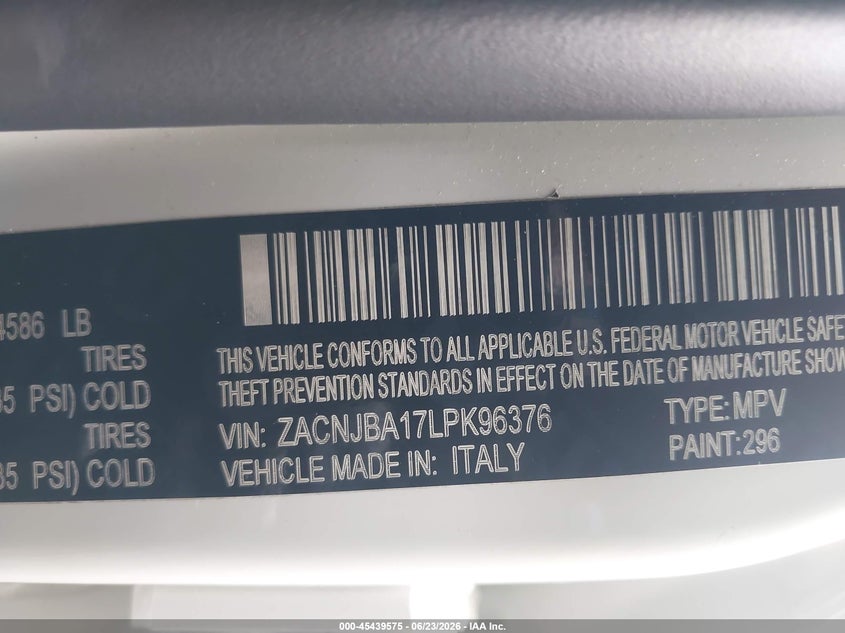 2020 Jeep Renegade VIN ZACNJBA17LPK96376 IAAI salvage auction — SIDE, Salvage Title, sold $3,650 on 2026-08-05 (photo 9)