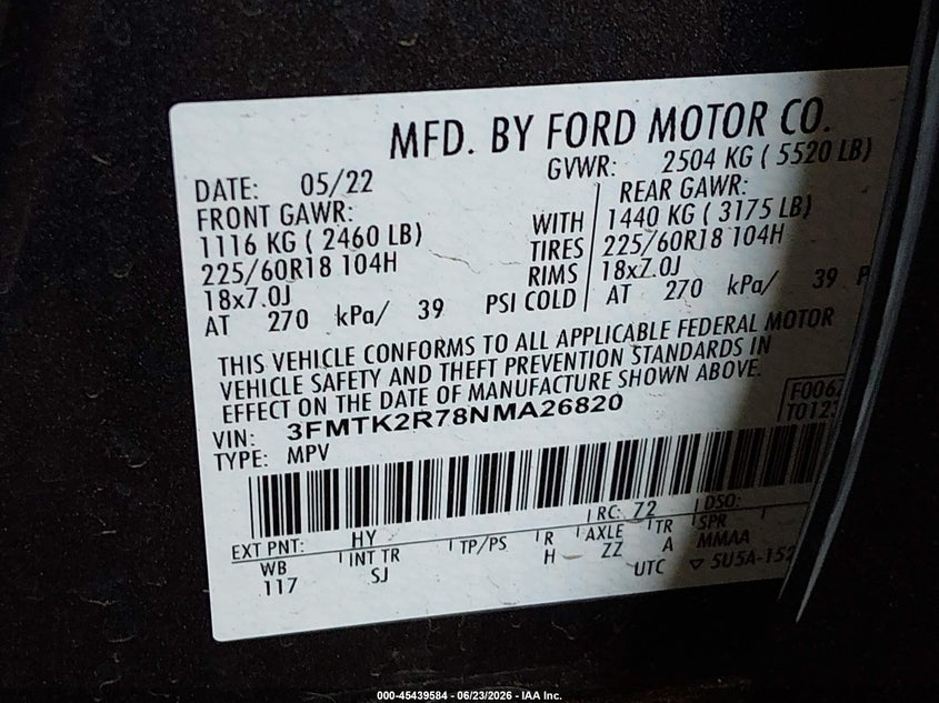 2022 Ford Mustang mach-e VIN 3FMTK2R78NMA26820 IAAI salvage auction — RIGHT FRONT, Wait Title, sold $10,300 on 2026-08-27 (photo 9)