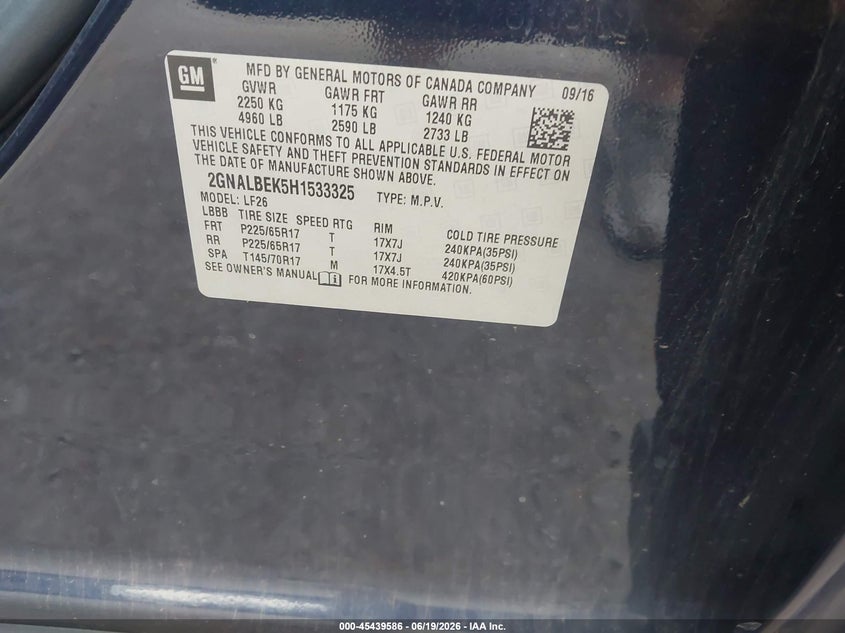 2017 Chevrolet Equinox VIN 2GNALBEK5H1533325 IAAI salvage auction — NORMAL WEAR, Clear - Public Restricted (Oklahoma), sold $1,100 on 2026-07-17 (photo 9)