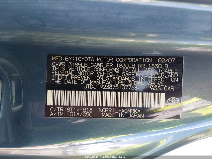 2007 Toyota Yaris VIN JTDJT923875107768 IAAI salvage auction — RIGHT SIDE, Salvage (South Carolina), sold $450 on 2026-07-22 (photo 9)