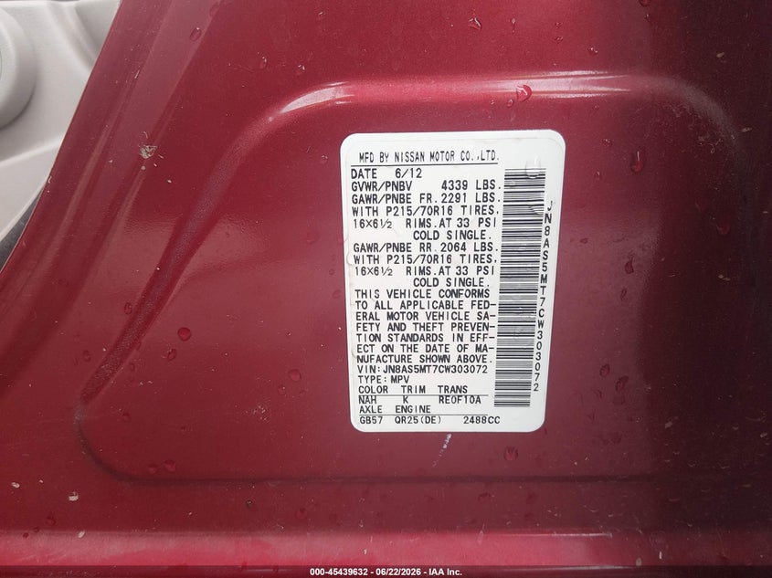2012 Nissan Rogue VIN JN8AS5MT7CW303072 IAAI salvage auction — REAR END, Salvage Title, sold $25 on 2026-07-28 (photo 9)