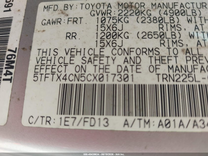 2012 Toyota Tacoma VIN 5TFTX4CN5CX017301 IAAI salvage auction — NORMAL WEAR, Clear (Alabama), sold $3,875 on 2026-07-29 (photo 9)